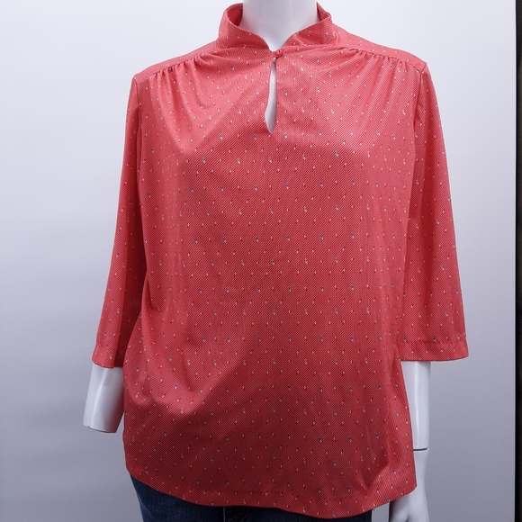 Vintage Blouse sz M red polyester mandarin collar 3/4 sleeve top 70's - Picture 1 of 9